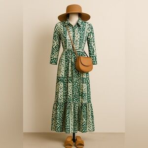 Stunning Green Patterned Dress Belted Button down Small 100% Indian cotton